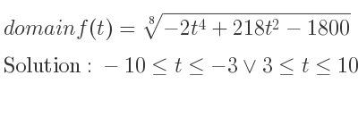 The domain of f(t)=\sqrt[8]{-2t^4+218t^2-1800} is -10<= t<=-3\lor 3<= t<= 10